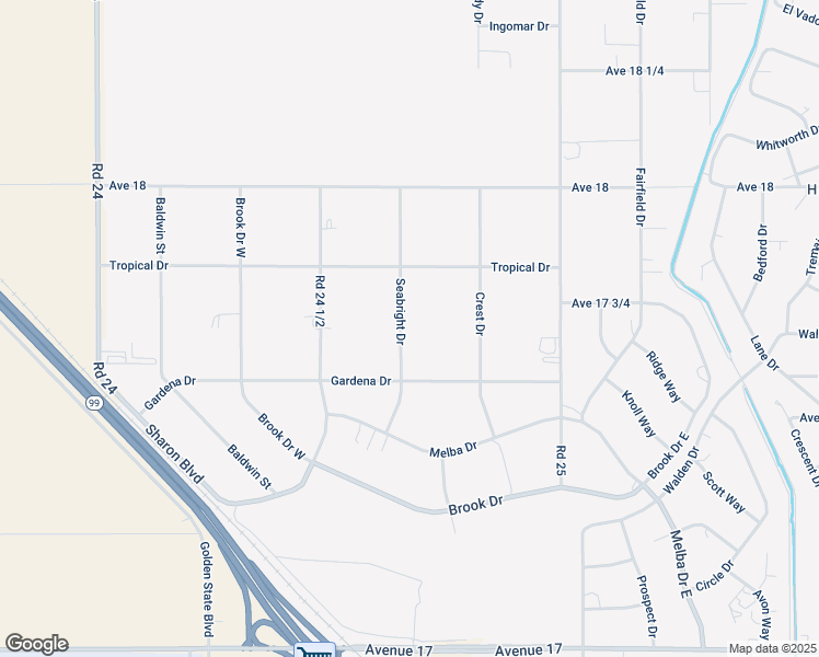 map of restaurants, bars, coffee shops, grocery stores, and more near 17701 Seabright Drive in Madera