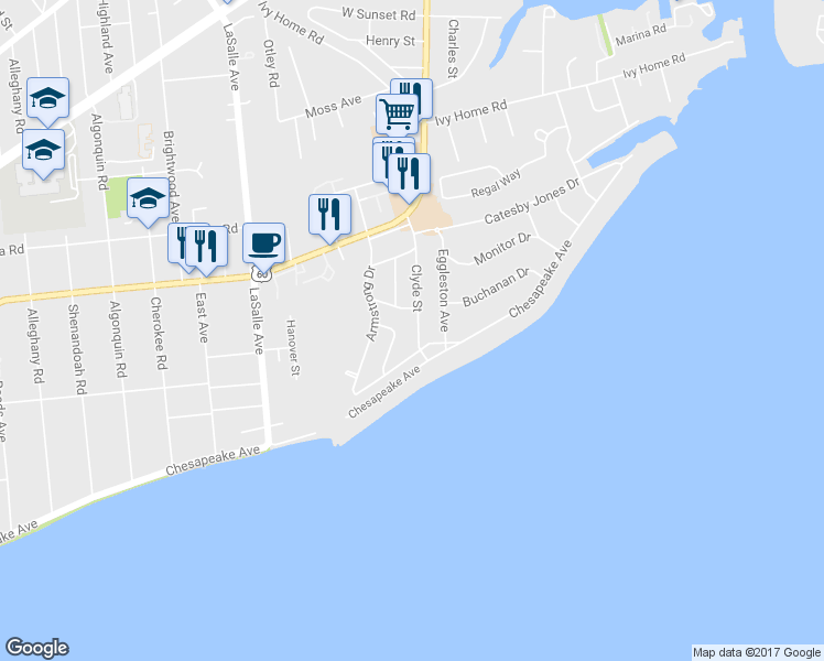 map of restaurants, bars, coffee shops, grocery stores, and more near 107 Clyde Street in Hampton