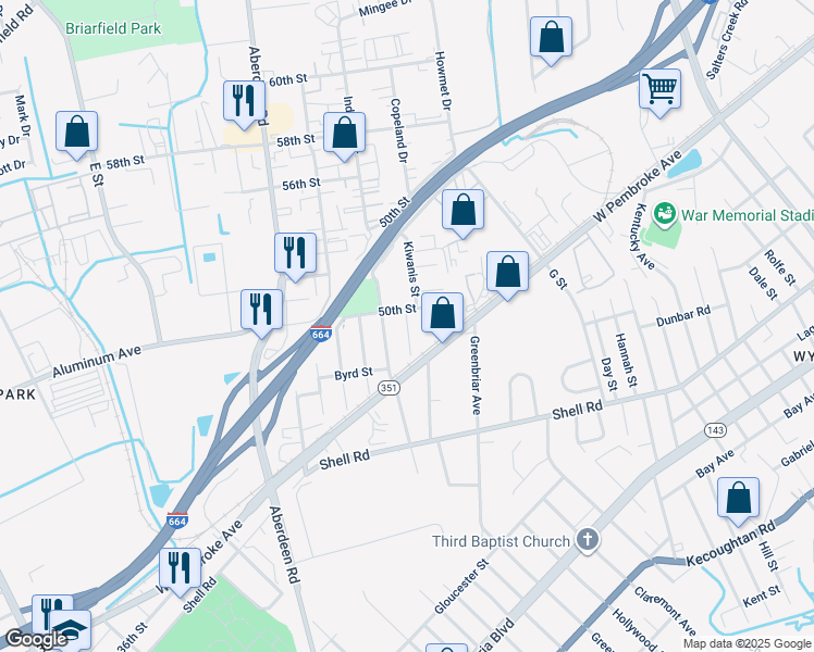 map of restaurants, bars, coffee shops, grocery stores, and more near 729 Spruce Street in Hampton