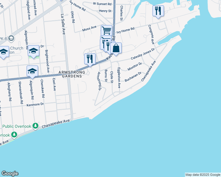 map of restaurants, bars, coffee shops, grocery stores, and more near 107 Clyde Street in Hampton