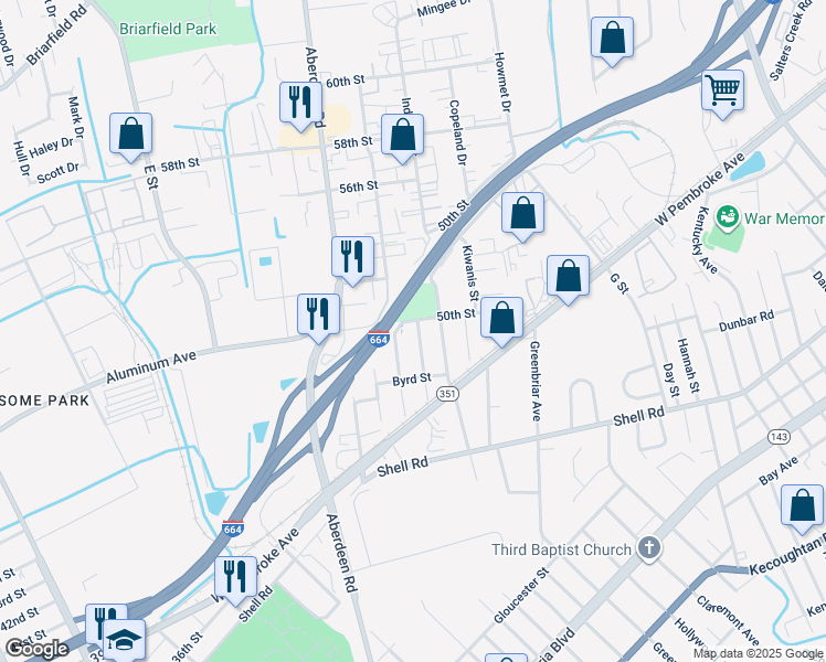 map of restaurants, bars, coffee shops, grocery stores, and more near 733 Hemlock Avenue in Hampton