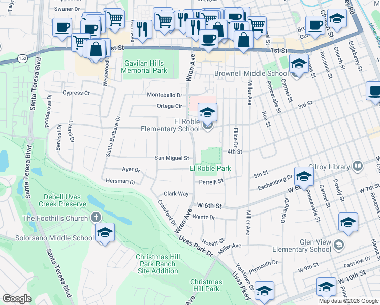 map of restaurants, bars, coffee shops, grocery stores, and more near 7615 Wren Ave in Gilroy