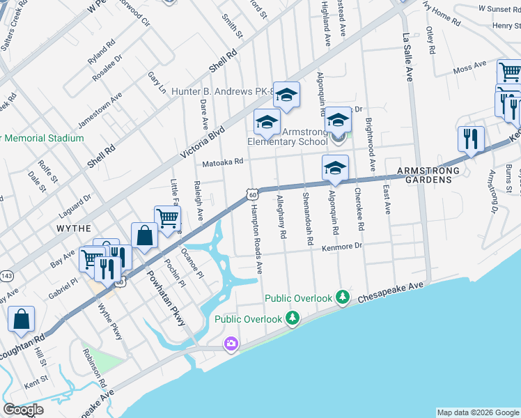 map of restaurants, bars, coffee shops, grocery stores, and more near 140 Hampton Roads Avenue in Hampton