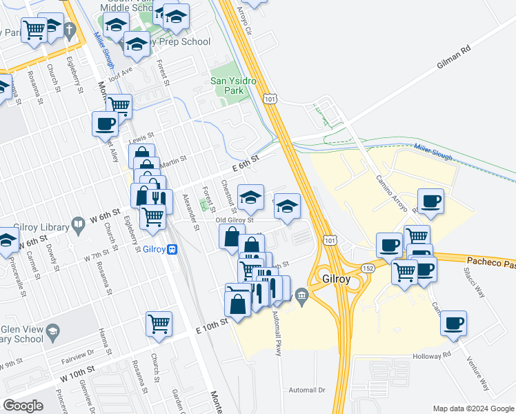 map of restaurants, bars, coffee shops, grocery stores, and more near 475 Old Gilroy Street in Gilroy