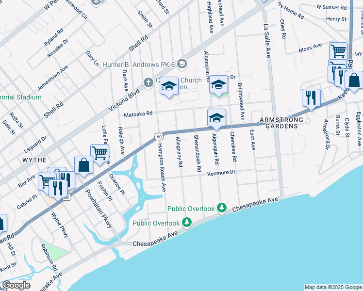 map of restaurants, bars, coffee shops, grocery stores, and more near 156 Alleghany Road in Hampton