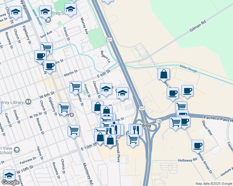 map of restaurants, bars, coffee shops, grocery stores, and more near 7235 East Street in Gilroy