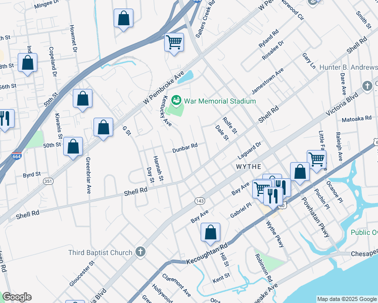 map of restaurants, bars, coffee shops, grocery stores, and more near 616 Kentucky Avenue in Hampton