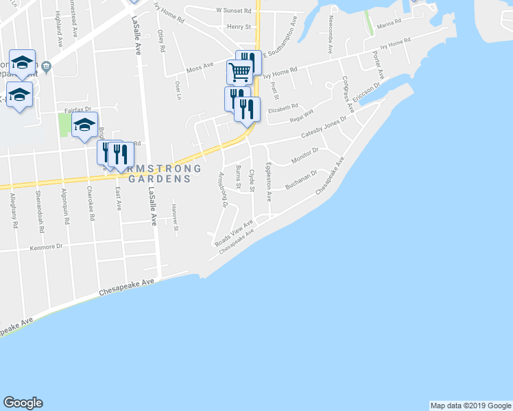 map of restaurants, bars, coffee shops, grocery stores, and more near 106 Clyde Street in Hampton