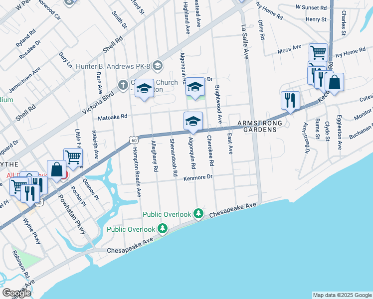 map of restaurants, bars, coffee shops, grocery stores, and more near 147 Algonquin Road in Hampton