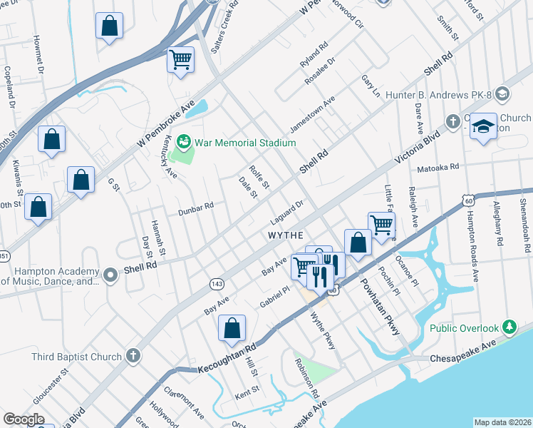 map of restaurants, bars, coffee shops, grocery stores, and more near 509 Chesterfield Road in Hampton