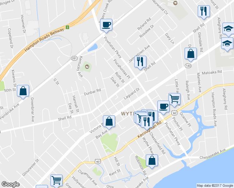 map of restaurants, bars, coffee shops, grocery stores, and more near 1816 Shell Road in Hampton