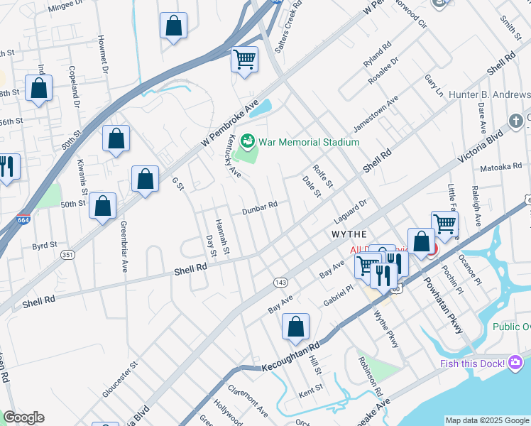 map of restaurants, bars, coffee shops, grocery stores, and more near 616 Kentucky Avenue in Hampton