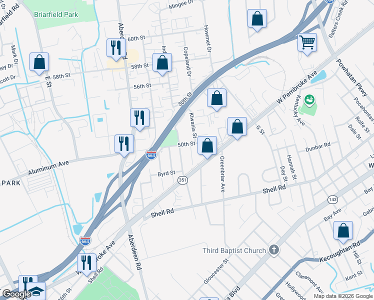 map of restaurants, bars, coffee shops, grocery stores, and more near 734 Childs Avenue in Hampton