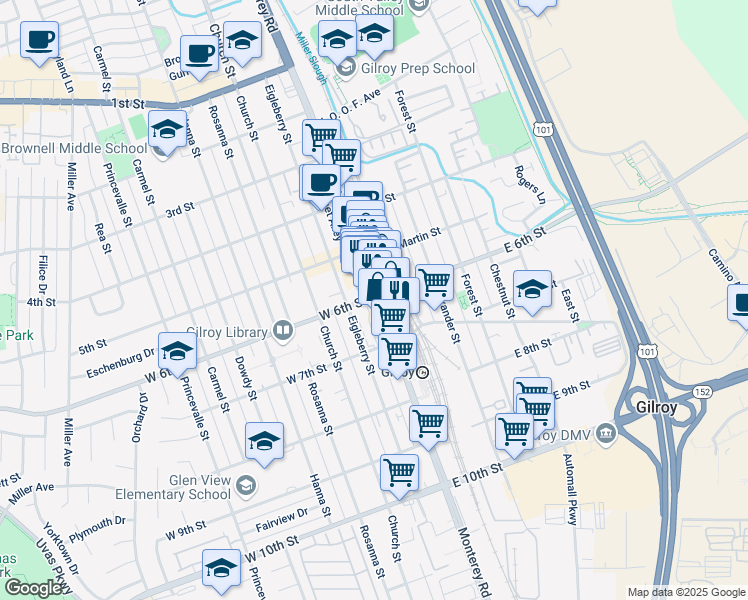 map of restaurants, bars, coffee shops, grocery stores, and more near 7397 Monterey Road in Gilroy
