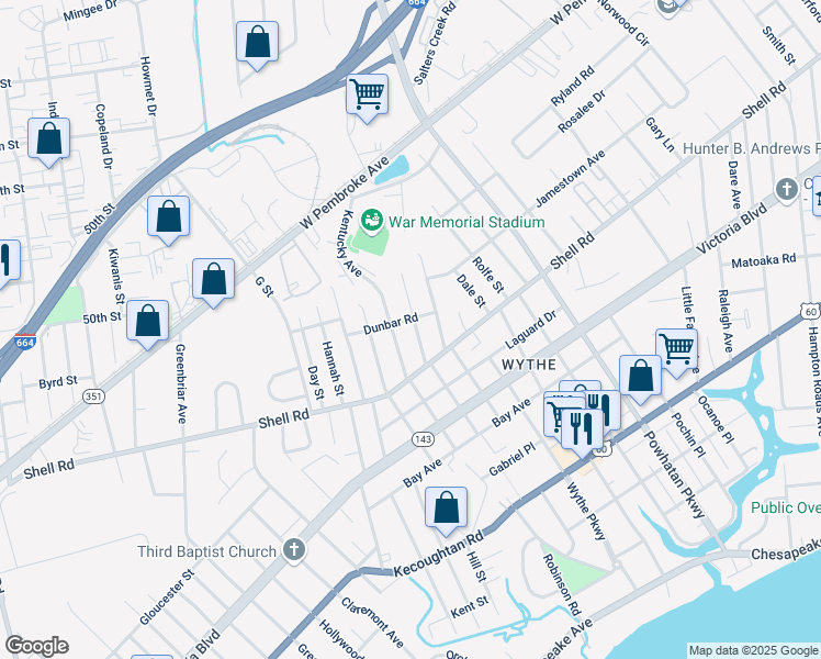 map of restaurants, bars, coffee shops, grocery stores, and more near 615 New York Avenue in Hampton