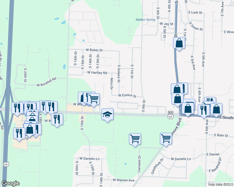 map of restaurants, bars, coffee shops, grocery stores, and more near 1429 South Solaira Street in Ozark