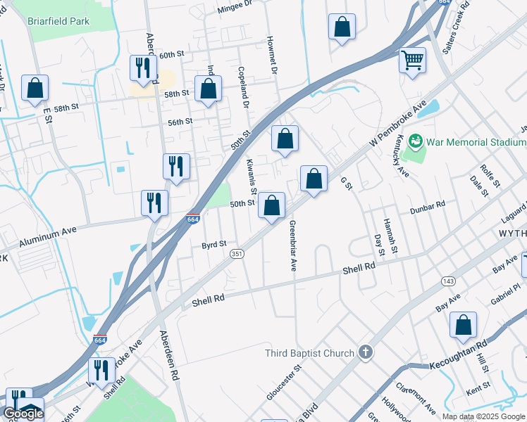 map of restaurants, bars, coffee shops, grocery stores, and more near 734 Vaughan Avenue in Hampton