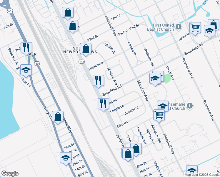 map of restaurants, bars, coffee shops, grocery stores, and more near 620 Briarfield Road in Newport News