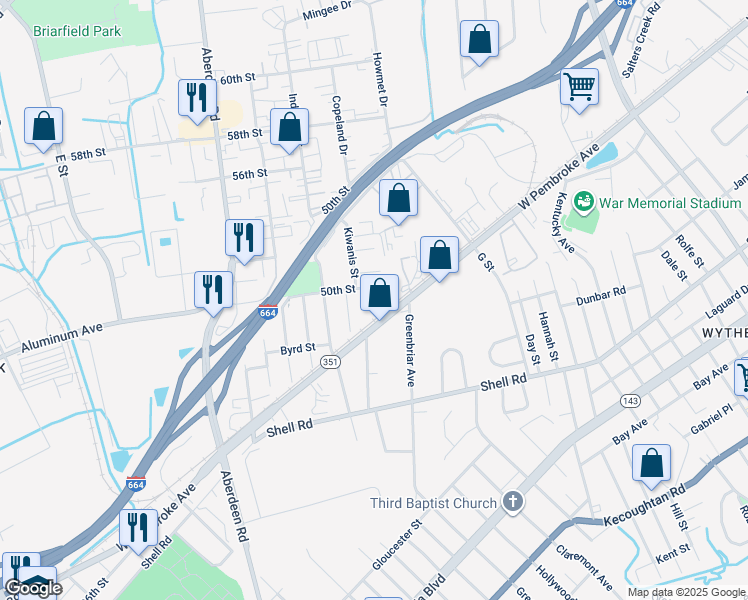 map of restaurants, bars, coffee shops, grocery stores, and more near 732 Vaughan Avenue in Hampton