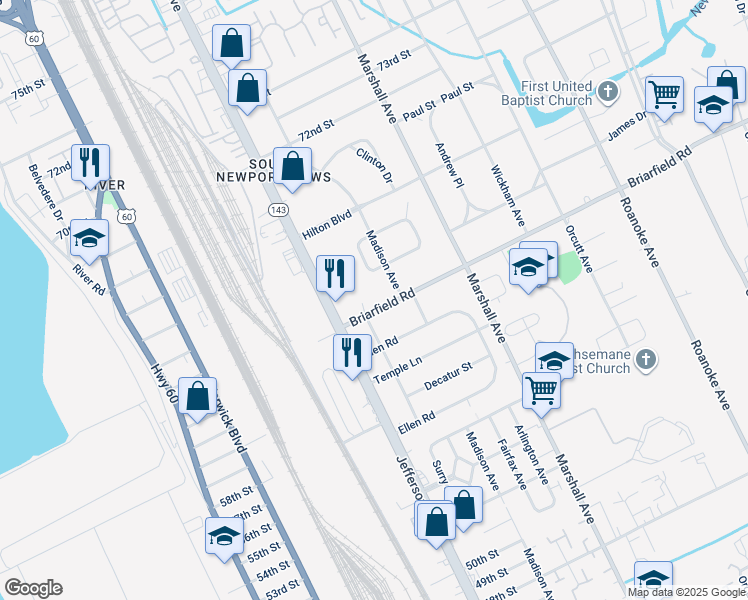 map of restaurants, bars, coffee shops, grocery stores, and more near 620 Briarfield Road in Newport News