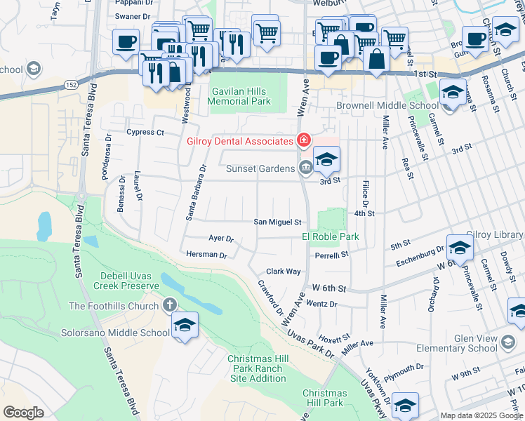 map of restaurants, bars, coffee shops, grocery stores, and more near 7620 Santa Paula Drive in Gilroy