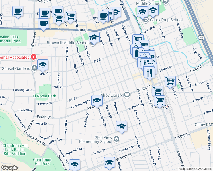 map of restaurants, bars, coffee shops, grocery stores, and more near 515 5th Street in Gilroy
