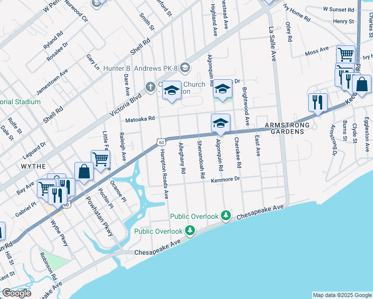 map of restaurants, bars, coffee shops, grocery stores, and more near 156 Alleghany Road in Hampton