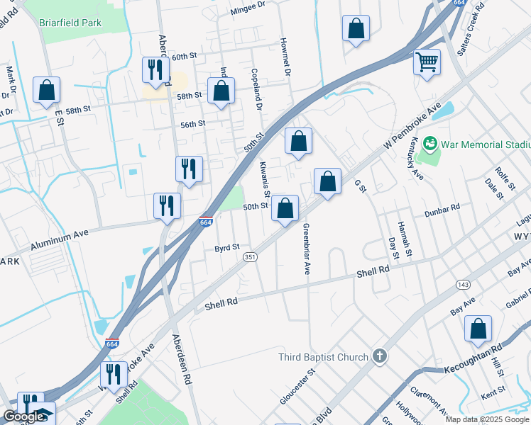 map of restaurants, bars, coffee shops, grocery stores, and more near 736 Spruce Street in Hampton