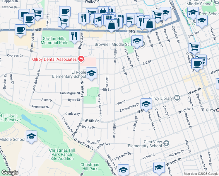 map of restaurants, bars, coffee shops, grocery stores, and more near 849 4th Street in Gilroy