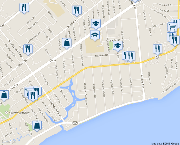 map of restaurants, bars, coffee shops, grocery stores, and more near 156 Alleghany Road in Hampton