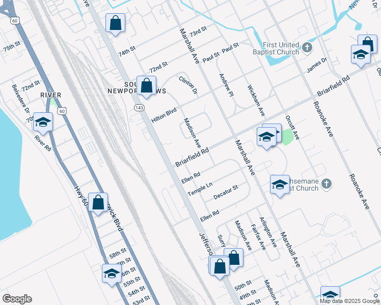 map of restaurants, bars, coffee shops, grocery stores, and more near 620 Briarfield Road in Newport News