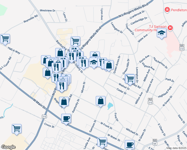 map of restaurants, bars, coffee shops, grocery stores, and more near 629 West Cherry Street in Glasgow