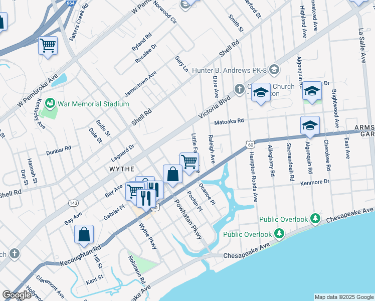 map of restaurants, bars, coffee shops, grocery stores, and more near 2709 Verell Street in Hampton