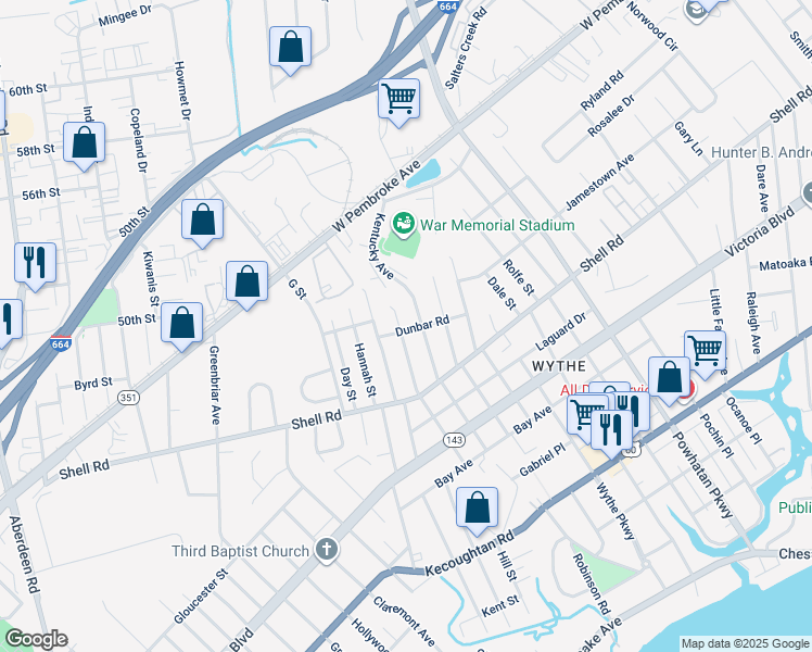 map of restaurants, bars, coffee shops, grocery stores, and more near 700 Delaware Avenue in Hampton