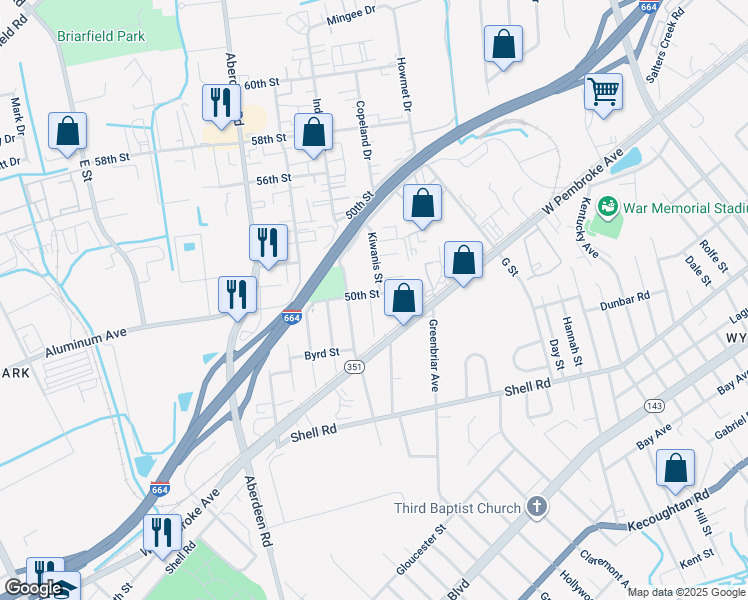 map of restaurants, bars, coffee shops, grocery stores, and more near 736 Spruce Street in Hampton