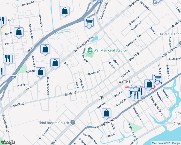 map of restaurants, bars, coffee shops, grocery stores, and more near 700 Delaware Avenue in Hampton