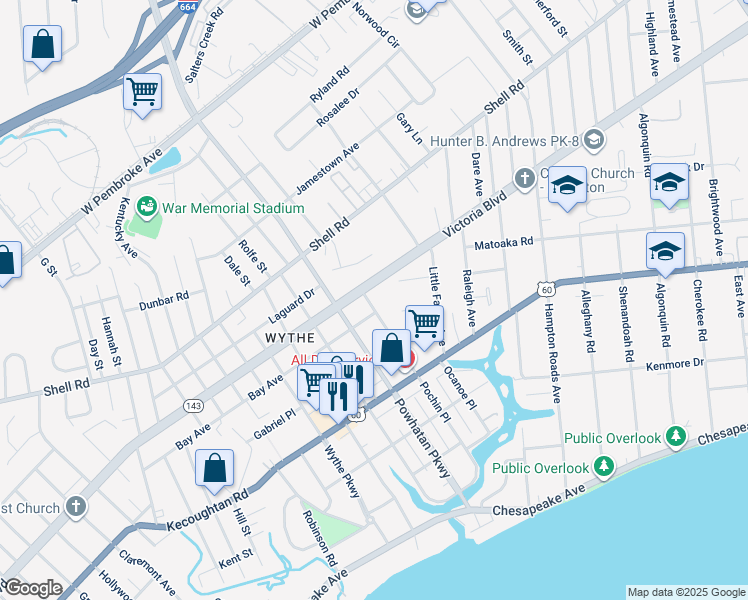 map of restaurants, bars, coffee shops, grocery stores, and more near 338 Pochin Place in Hampton