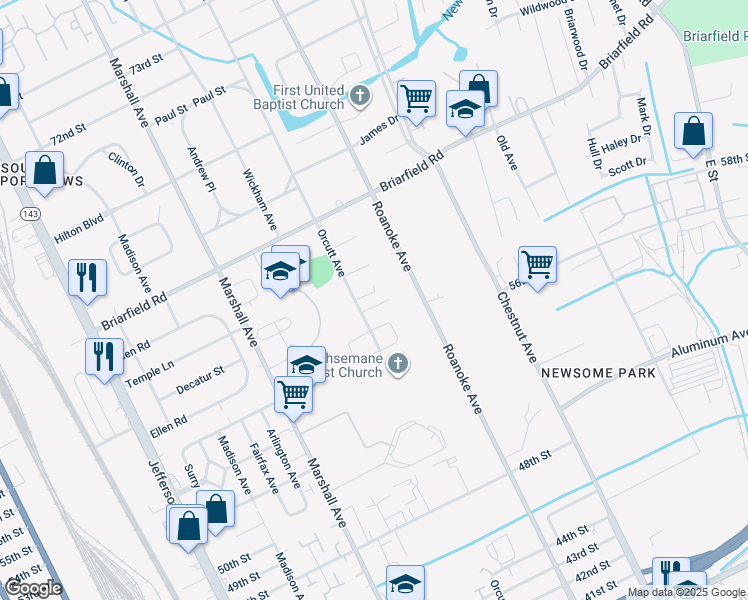 map of restaurants, bars, coffee shops, grocery stores, and more near 1005 De Gaule Street in Newport News