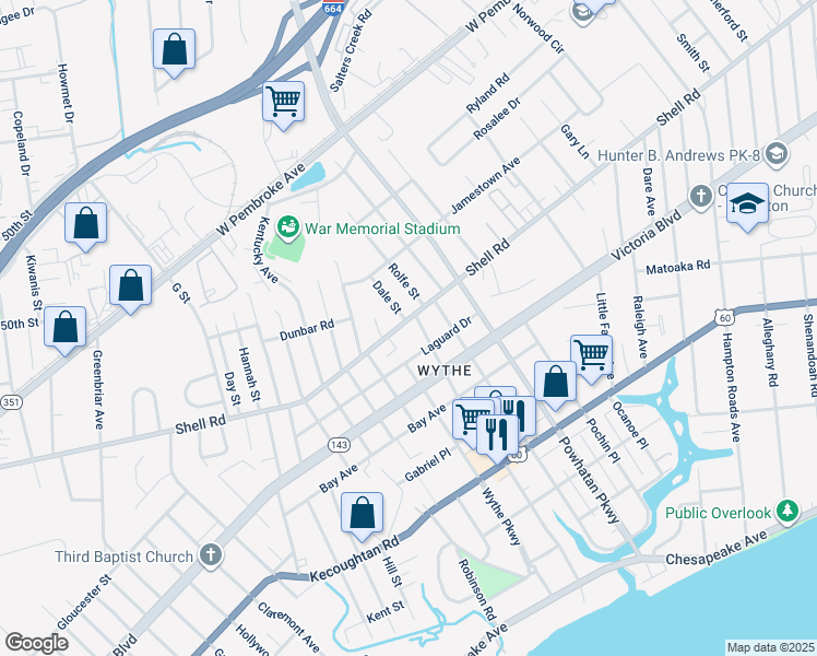 map of restaurants, bars, coffee shops, grocery stores, and more near 1828 Shell Road in Hampton