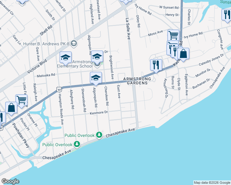 map of restaurants, bars, coffee shops, grocery stores, and more near 157 East Avenue in Hampton