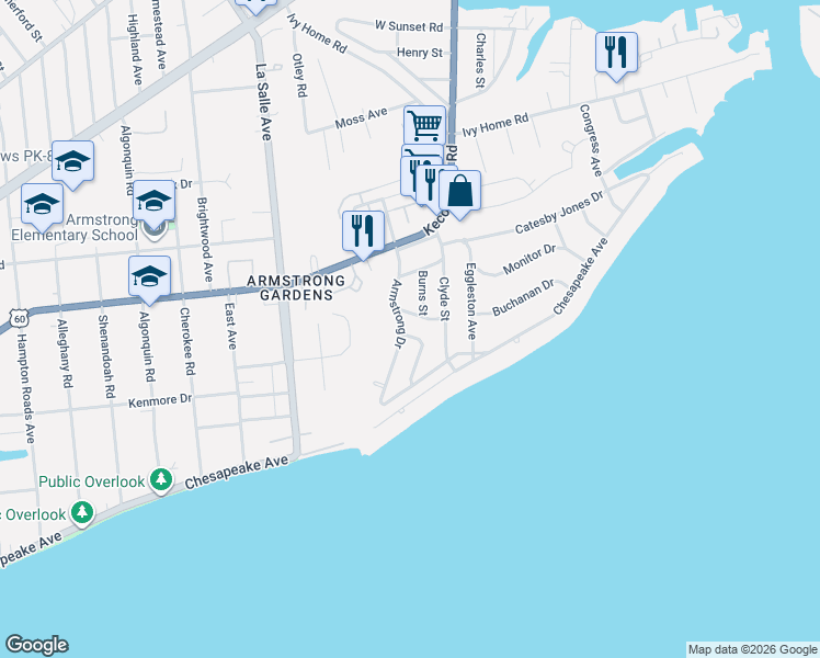 map of restaurants, bars, coffee shops, grocery stores, and more near 136 Armstrong Drive in Hampton