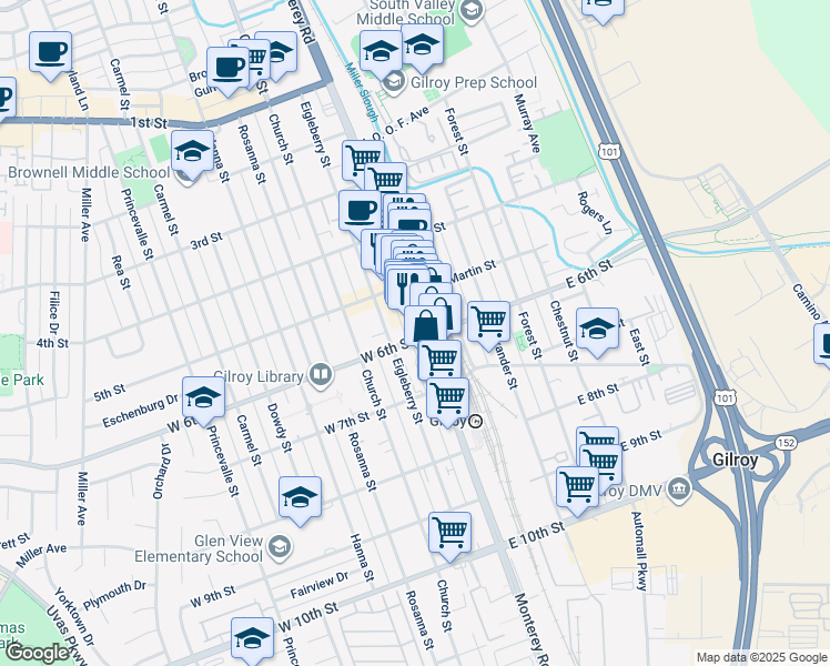 map of restaurants, bars, coffee shops, grocery stores, and more near in Gilroy