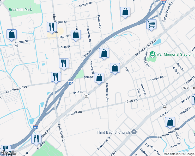 map of restaurants, bars, coffee shops, grocery stores, and more near 734 Vaughan Avenue in Hampton