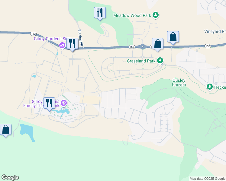 map of restaurants, bars, coffee shops, grocery stores, and more near Roundstone Drive & Alister Court in Gilroy