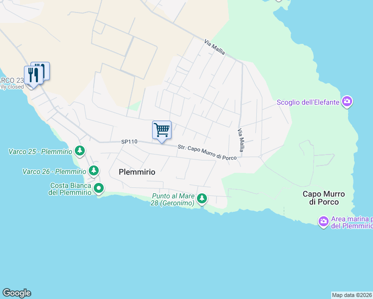 map of restaurants, bars, coffee shops, grocery stores, and more near 35 Via dei Cristalli in Plemmirio