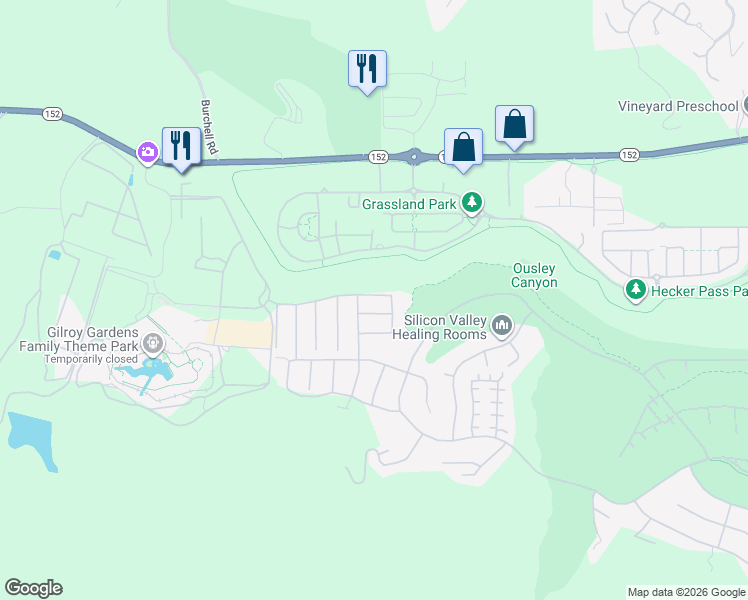 map of restaurants, bars, coffee shops, grocery stores, and more near 2846 Roundstone Drive in Gilroy