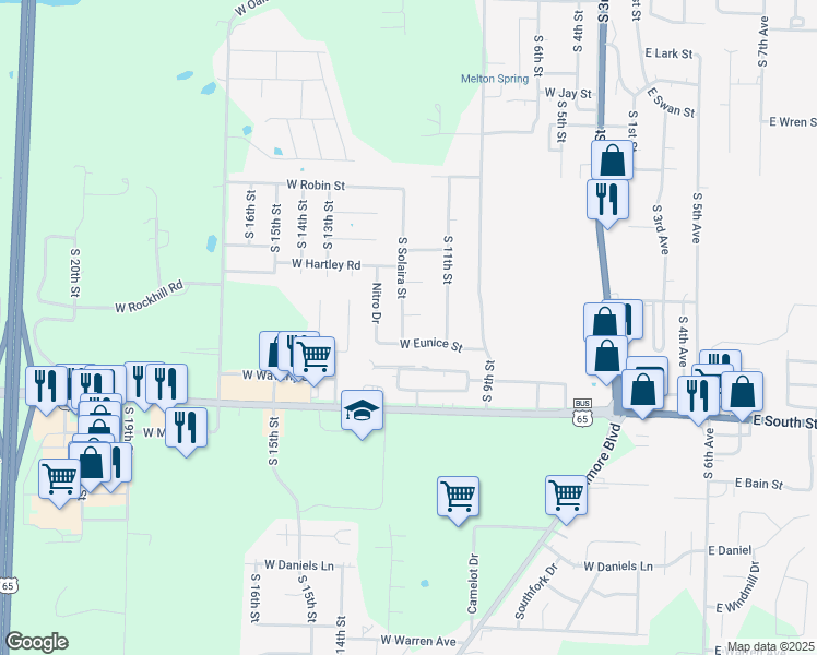 map of restaurants, bars, coffee shops, grocery stores, and more near 1429 South Solaira Street in Ozark