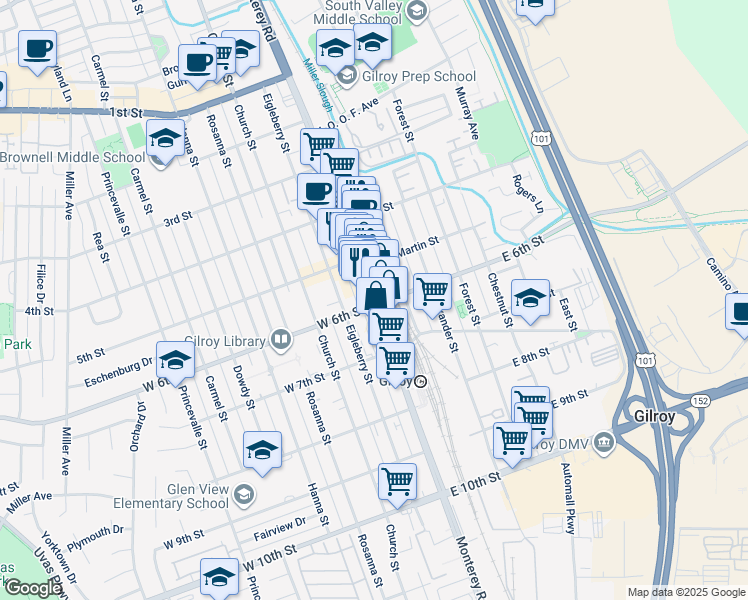 map of restaurants, bars, coffee shops, grocery stores, and more near 7410 Monterey Road in Gilroy