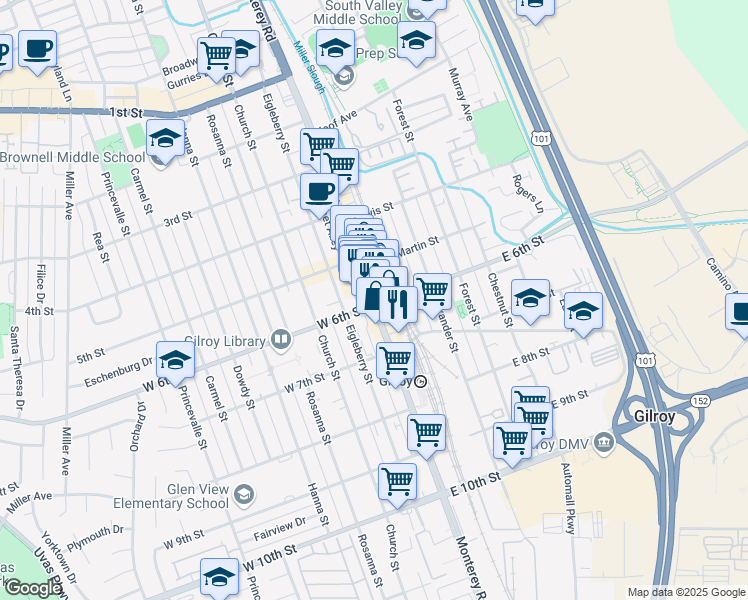 map of restaurants, bars, coffee shops, grocery stores, and more near 7410 Monterey Road in Gilroy