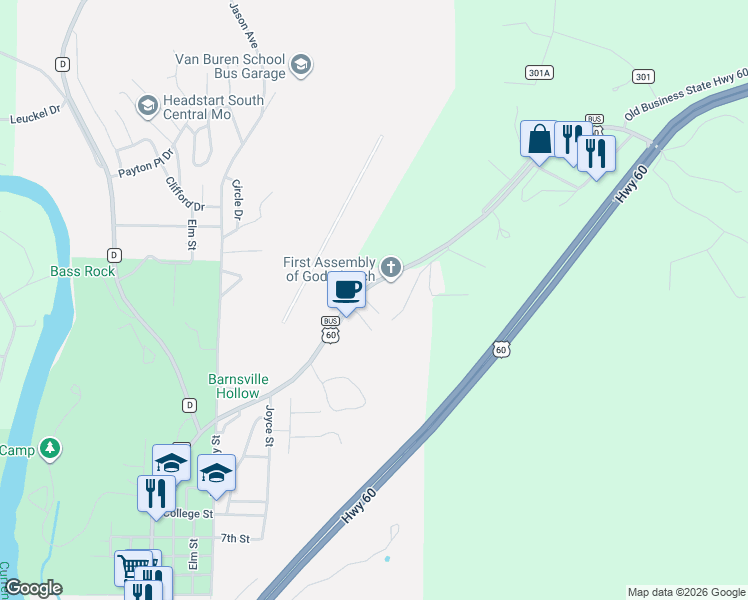 map of restaurants, bars, coffee shops, grocery stores, and more near 1417 Main Street in Van Buren